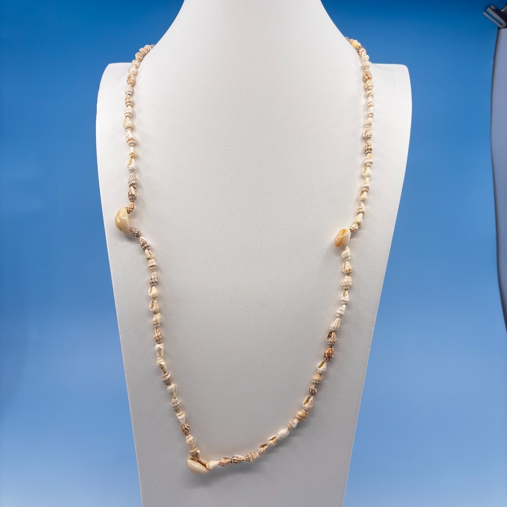 Natural Seashell Cowrie Necklace Long Strand Boho Coastal Beach Vintage Jewelry